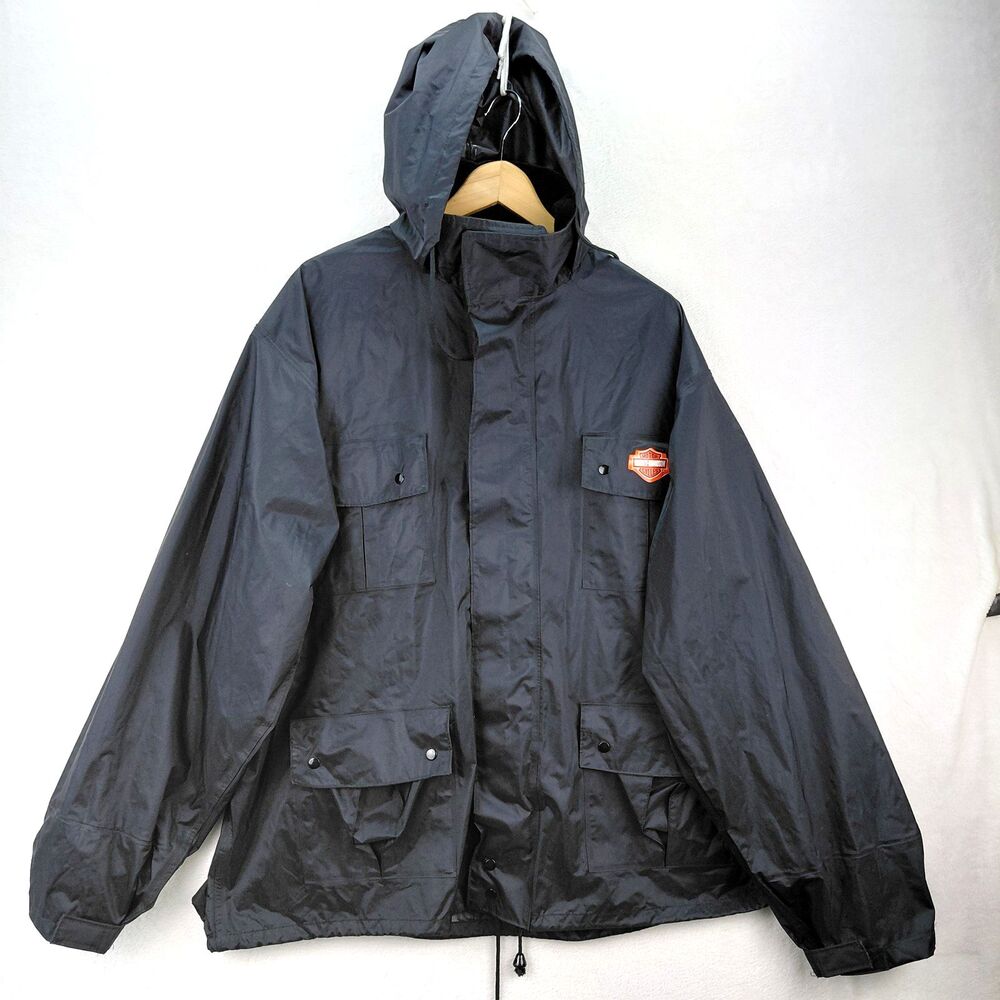 Harley Davidson Full-Zip Rain Jacket Mens XL Black Waterproof Hooded Cord Collar